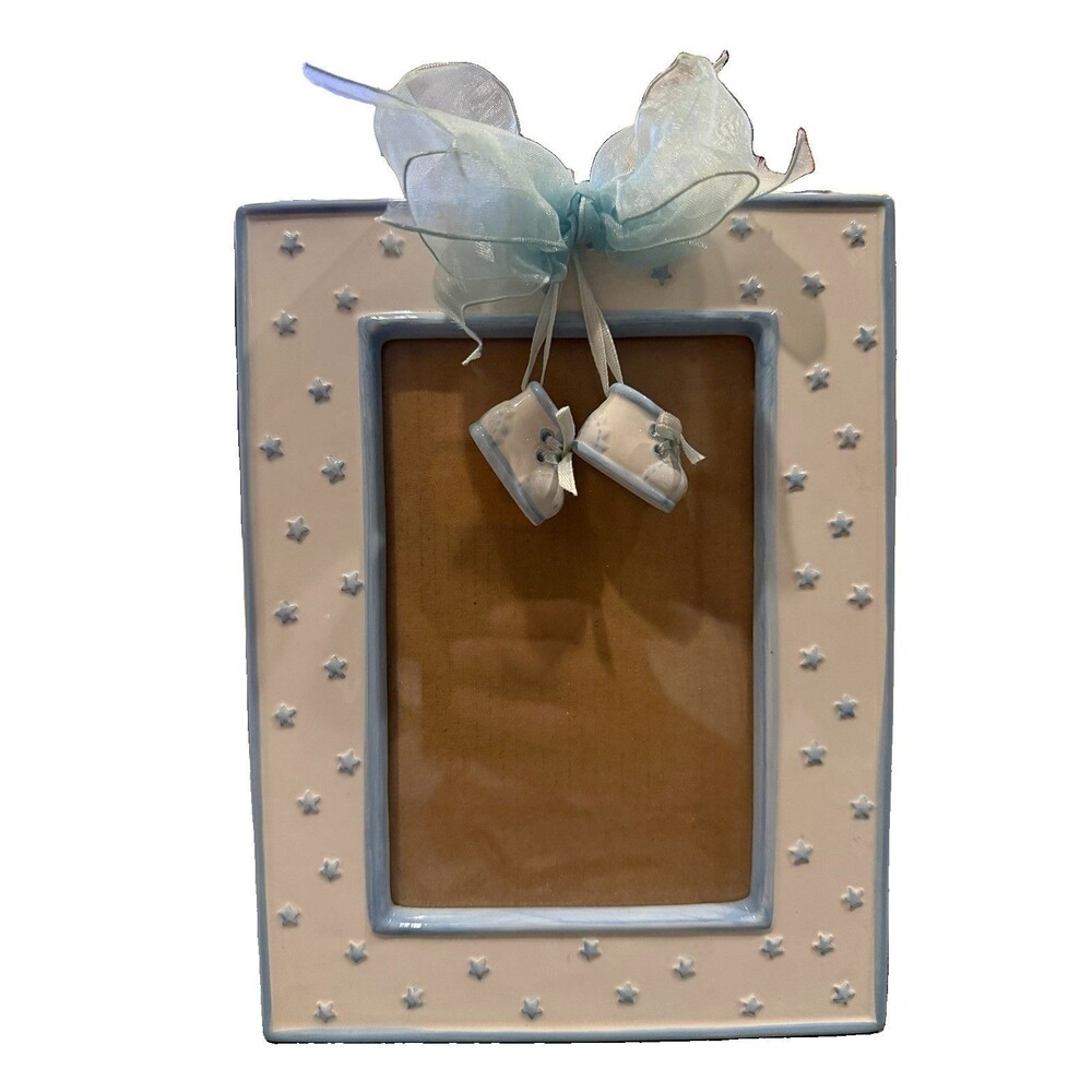 Baby Boy Picture Frame 4” x 6” With Blue Bow And Glass Baby Shoes